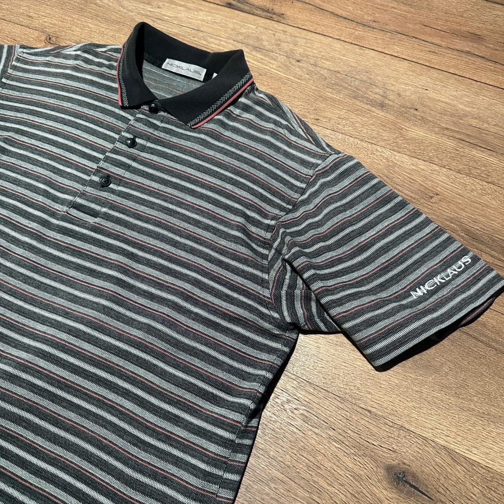 Vintage Nicklaus Grey Striped Polo Shirt‎ Mens Large L Short Sleeve Cotton Golf
